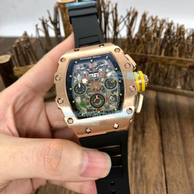 Swiss Quality Replica Richard Mille RM011 Skeleton Rose Gold Case Watch Black Rubber Strap 